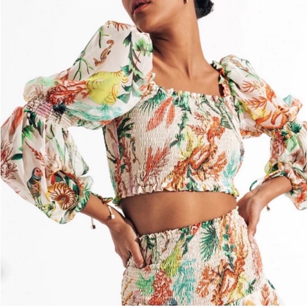 PatBO White Floral Smocked Crop Top with Puff Sleeves